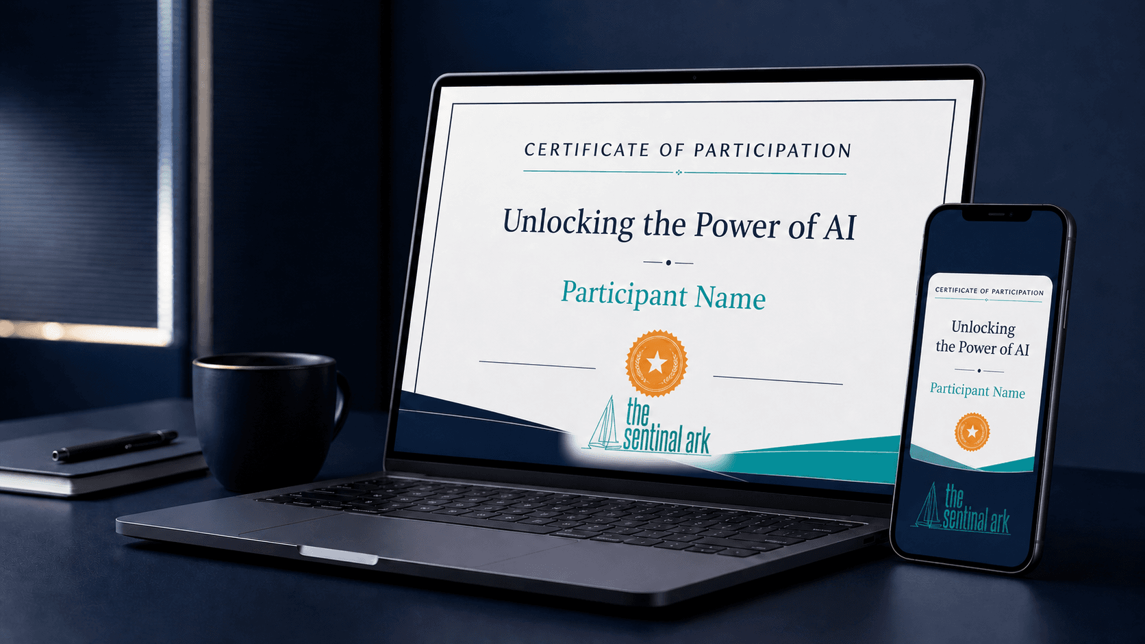The Sentinel Ark branded Certificate of Participation for the Unlocking the Power of AI workshop displayed on a laptop and phone